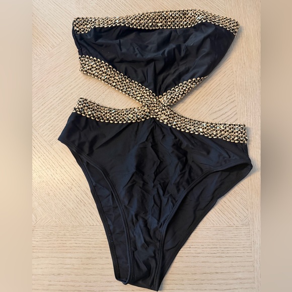 SHEIN Other - Black One-Piece Bandeau Swimsuit with Gold Sequin Trim